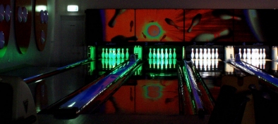 Photo - looking down toward lanes 1 and 2 the pins are lit with green LED light
